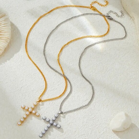 Solid Sterling Silver Womens Pearl Cross Pendant Necklace New Christian Jewelry - Picture 7 of 7